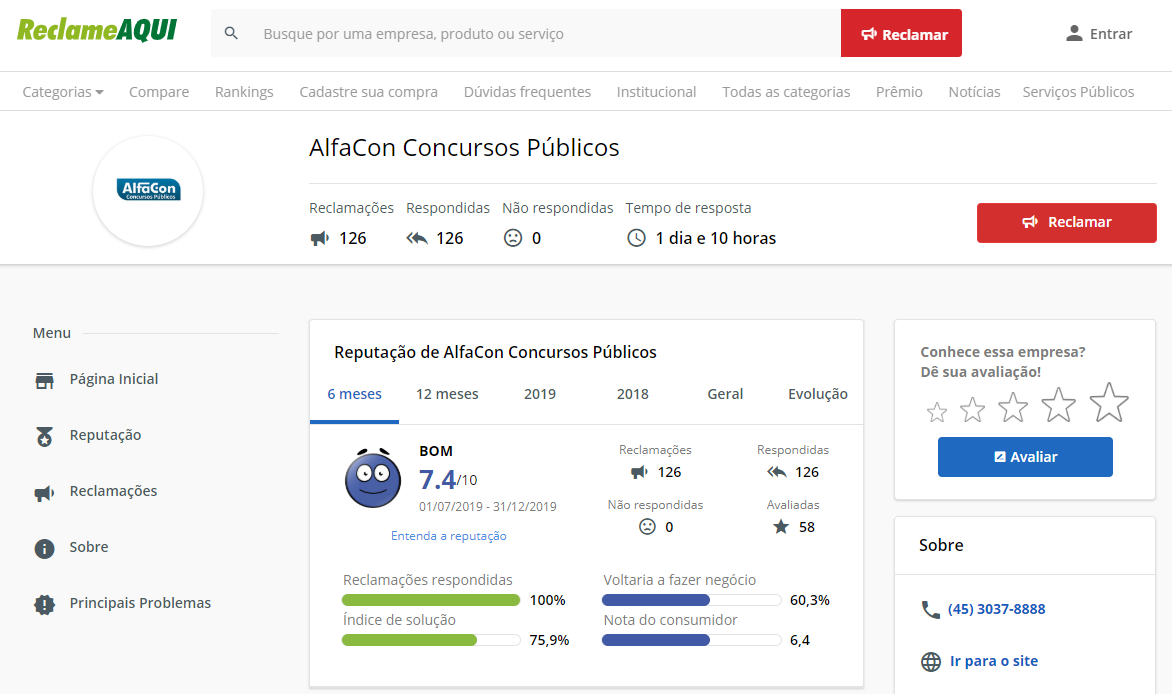 Melhor curso para concurso: Reclame aqui Alfa