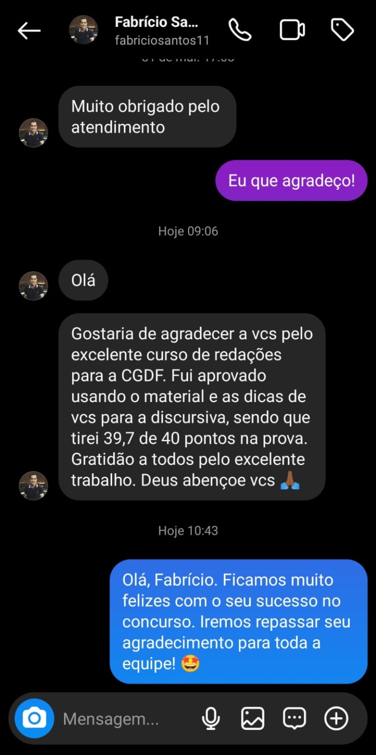 Mensagem de aluno do Você Concursado
