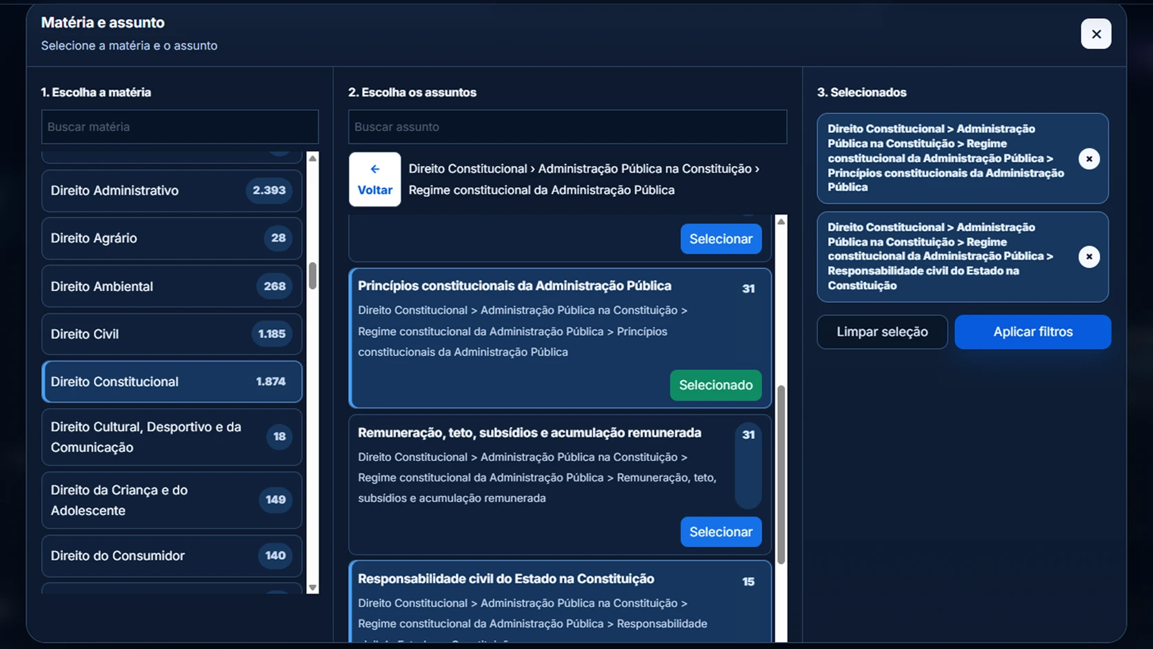 Tela de filtros e busca do SQD Plus